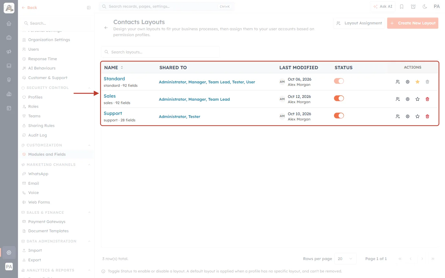 Three active layouts on the Contacts Layouts page