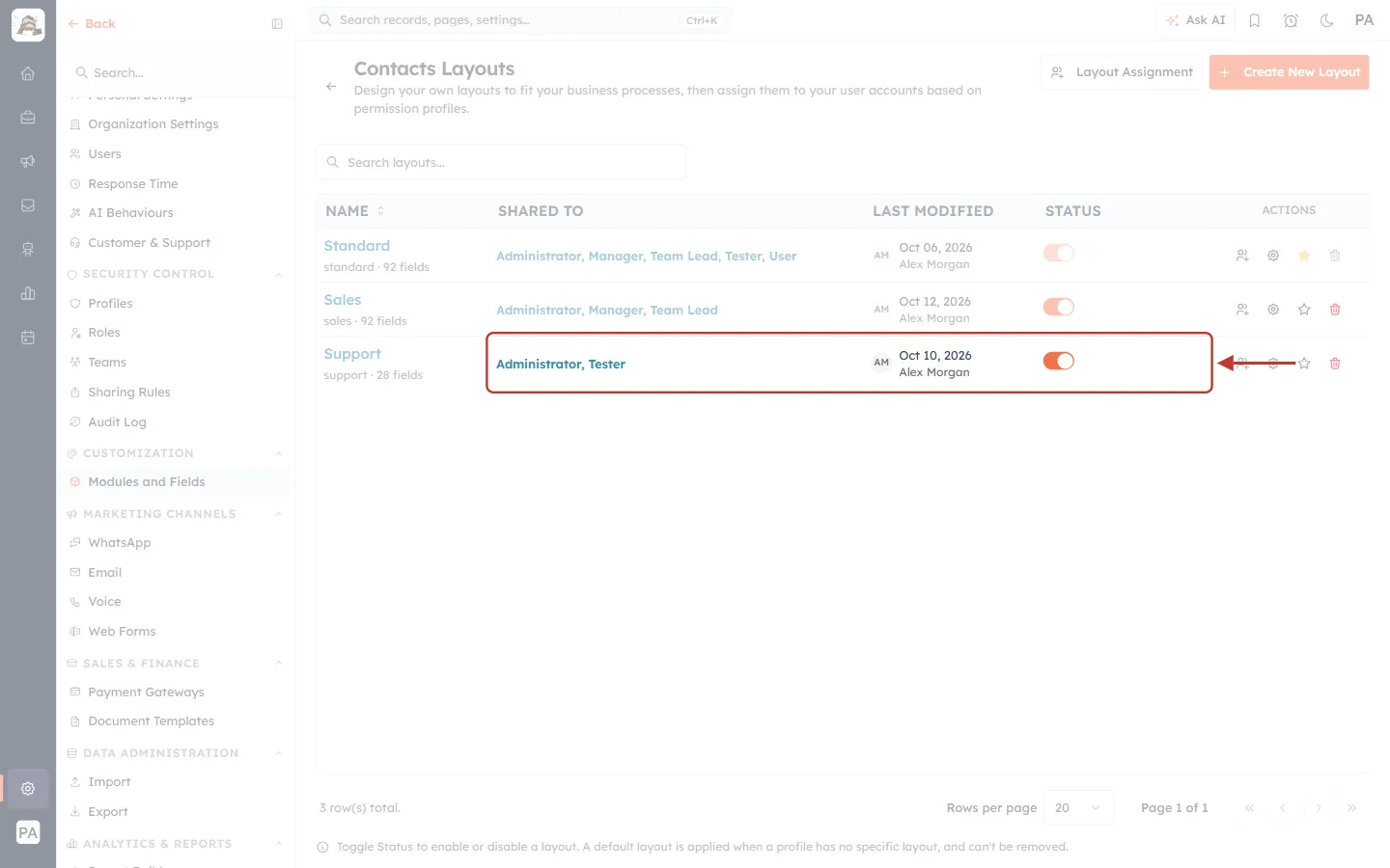 Support shared with Administrator and Tester, Status on