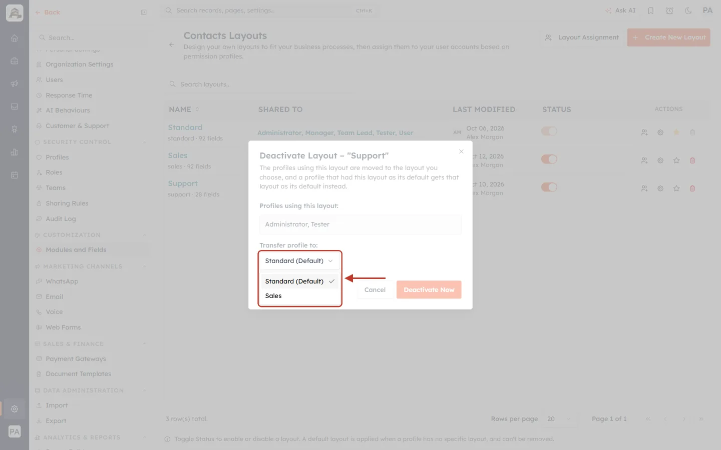 The Transfer profile to list