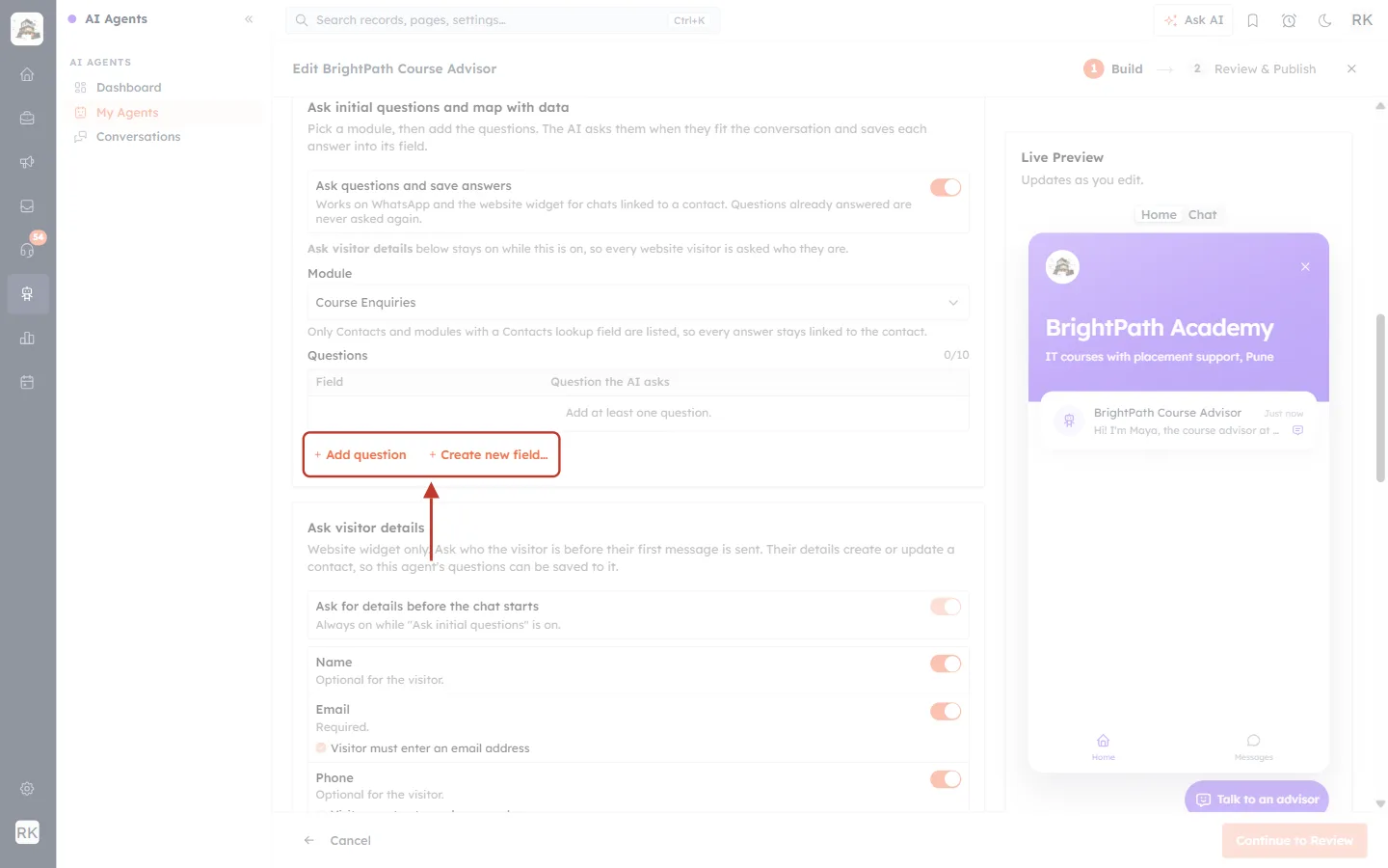 The Add question and Create new field buttons