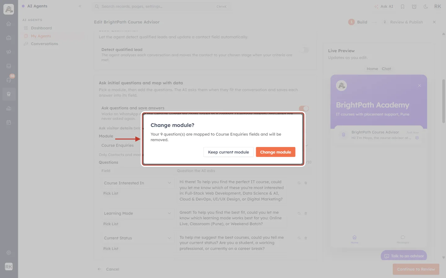 Change module confirmation dialog