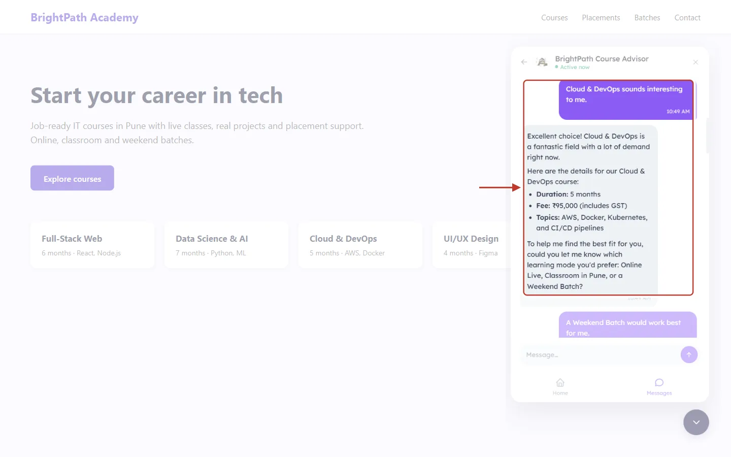Visitor answers Cloud & DevOps and the agent asks about learning mode