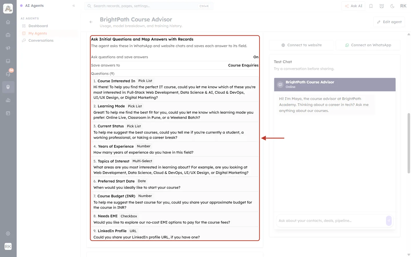 Agent detail card Ask Initial Questions and Map Answers with Records