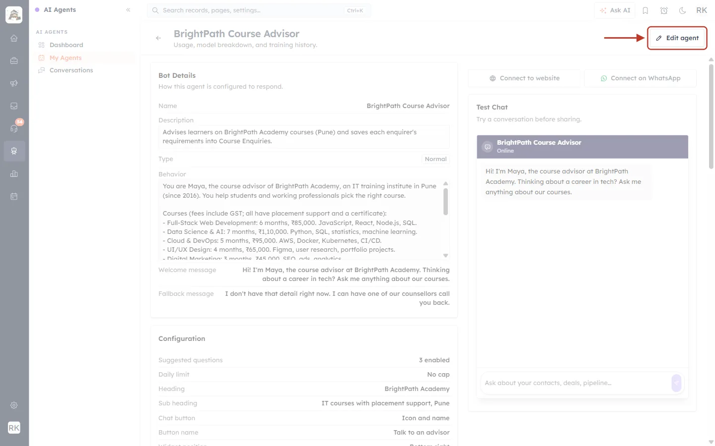 Agent detail page with the Edit agent button highlighted
