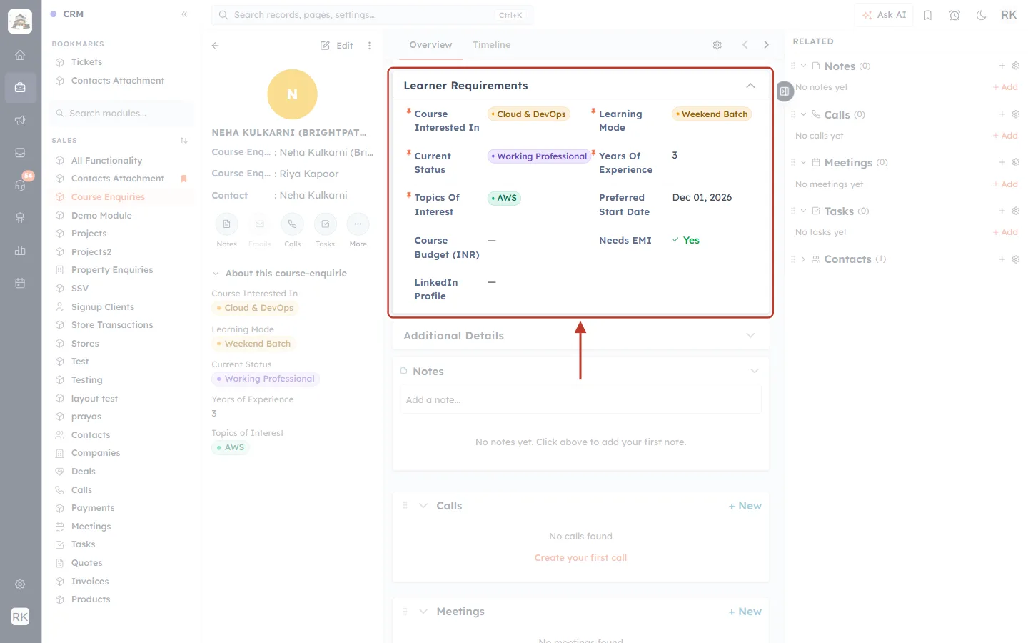 Learner Requirements section with the answers saved by the AI agent