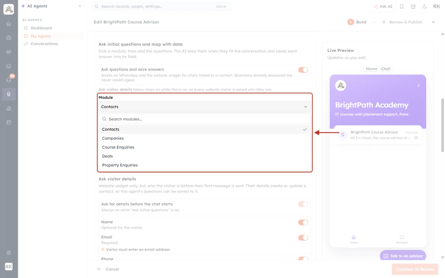 Module drop-down open, listing Contacts, Companies, Course Enquiries, Deals and Property Enquiries