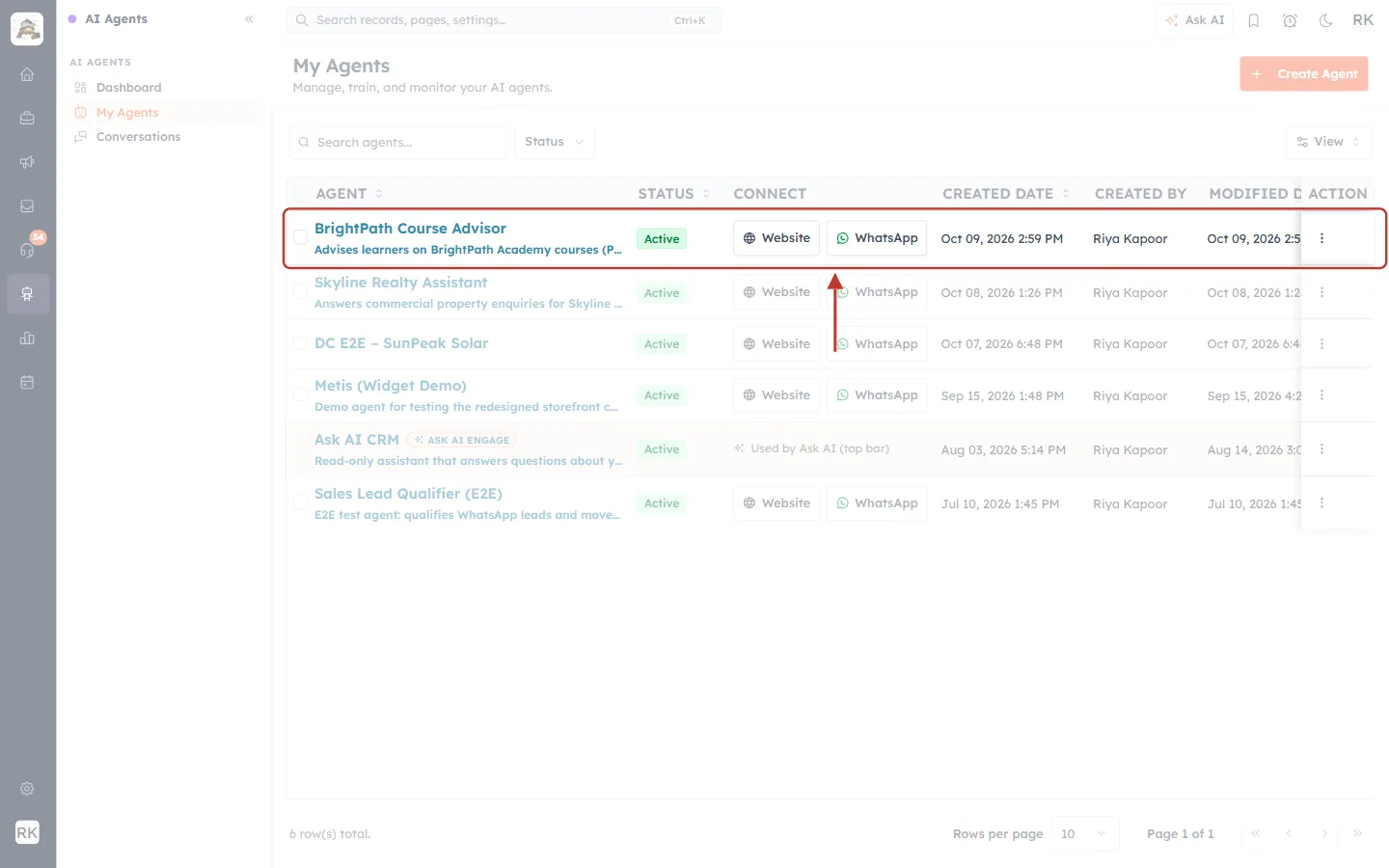 My Agents list with the BrightPath Course Advisor agent highlighted