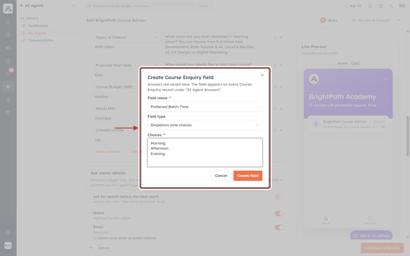 Create field dialog filled in with a Dropdown and three choices
