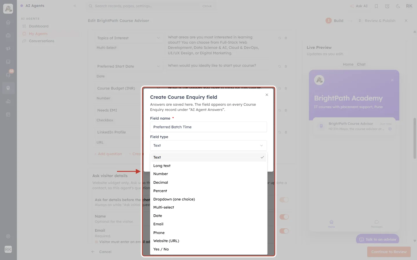 Create field dialog with the Field type list open