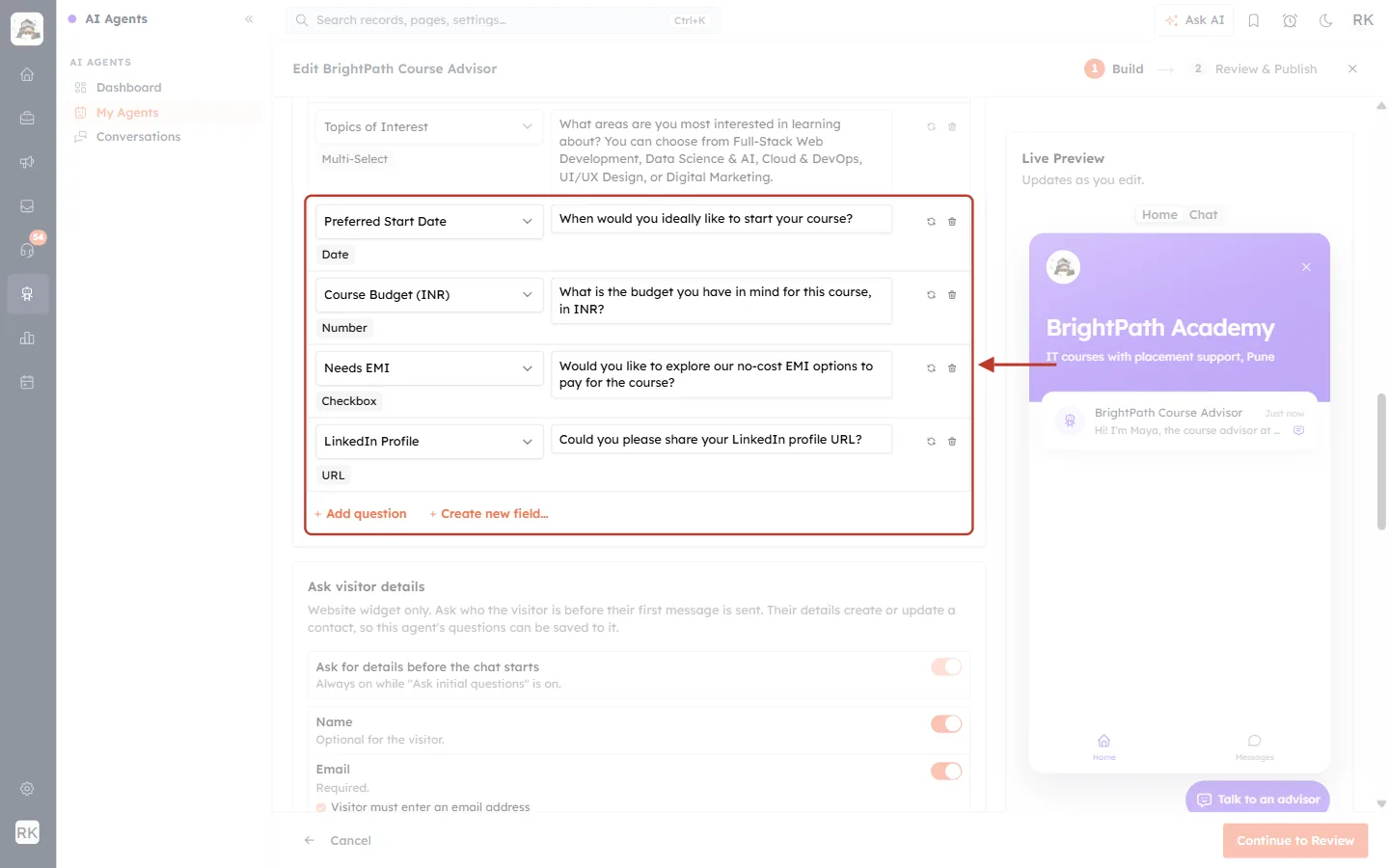 The last four mapped questions and the Add question button