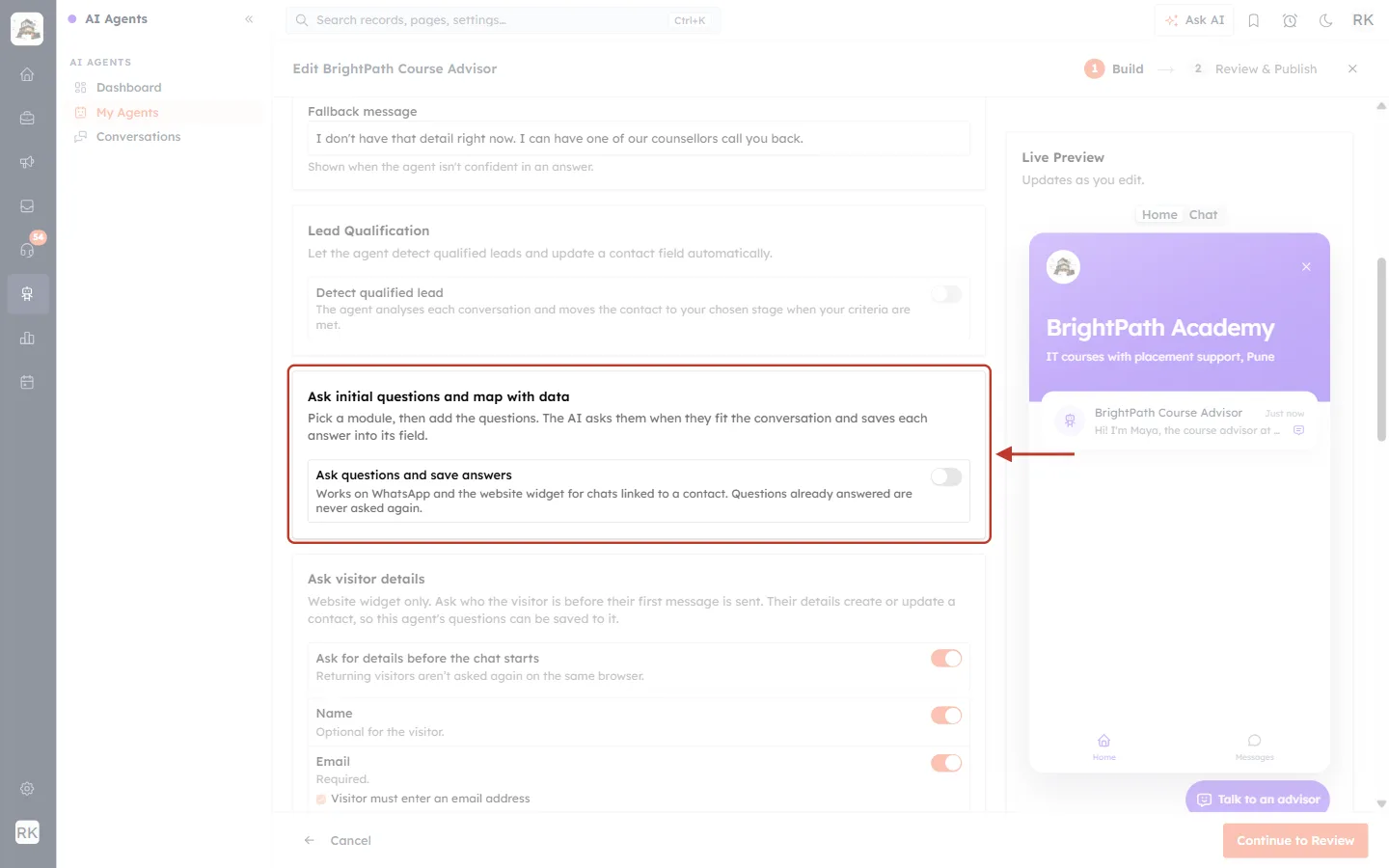 The Ask initial questions and map with data card, switched off