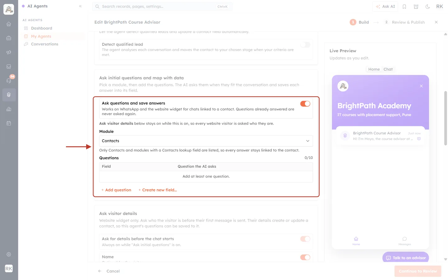 Ask questions and save answers switched on, showing Module and Questions