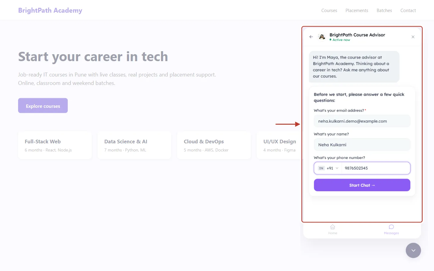 Visitor details form in the chat widget, filled in