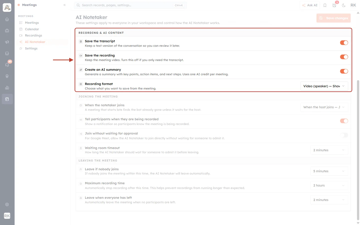 Recording and AI content settings