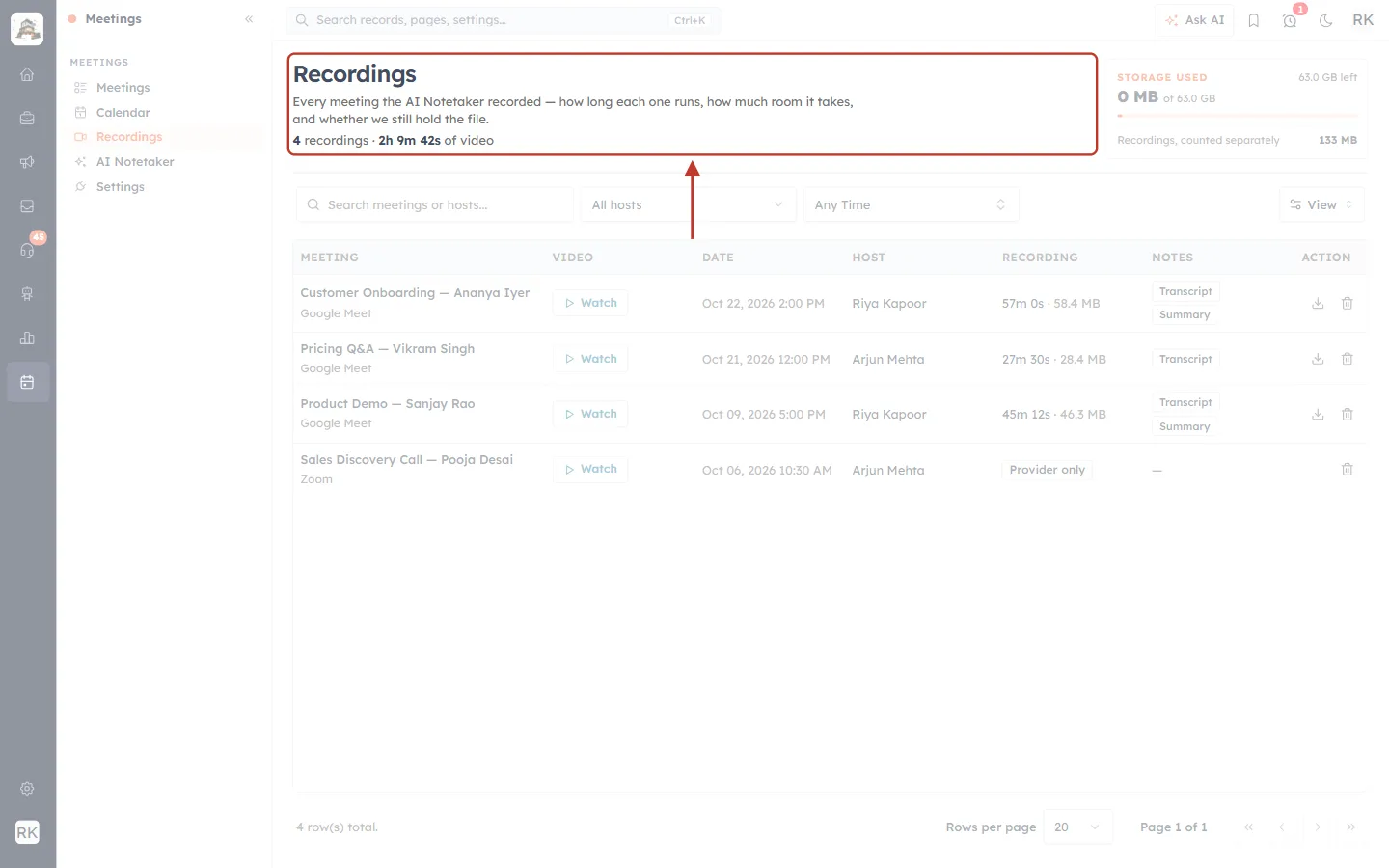 Recordings page heading with the totals line