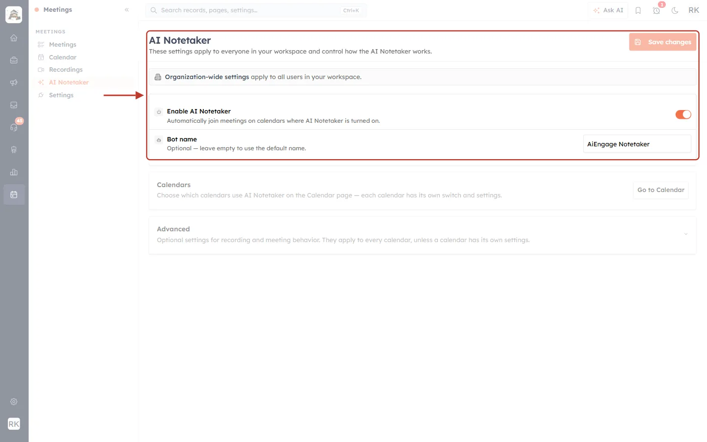 AI Notetaker settings page with Enable AI Notetaker and Bot name