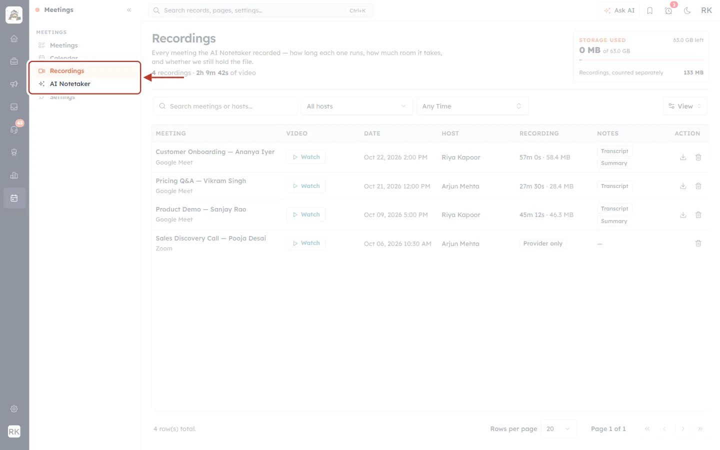 Meetings menu with Recordings and AI Notetaker highlighted