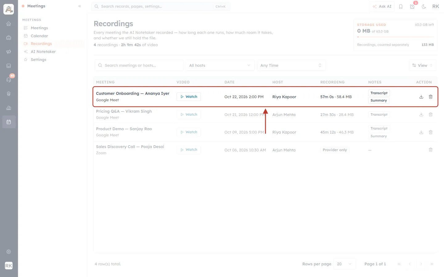 One recording row with Watch, length and size, Transcript and Summary, Download and Delete