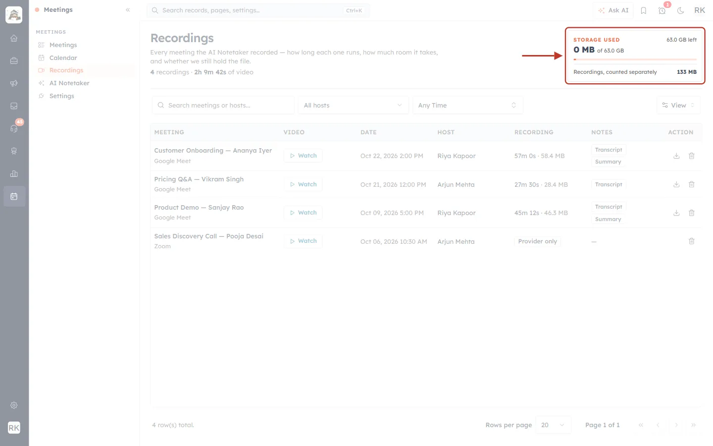 Storage used card with recordings counted separately