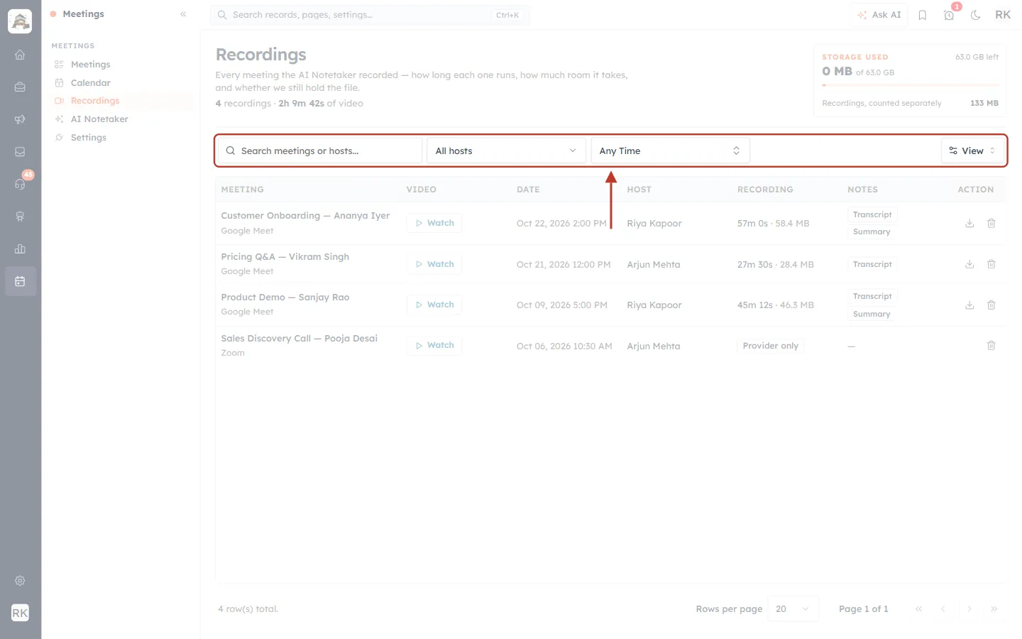 Search, host filter, date filter and View