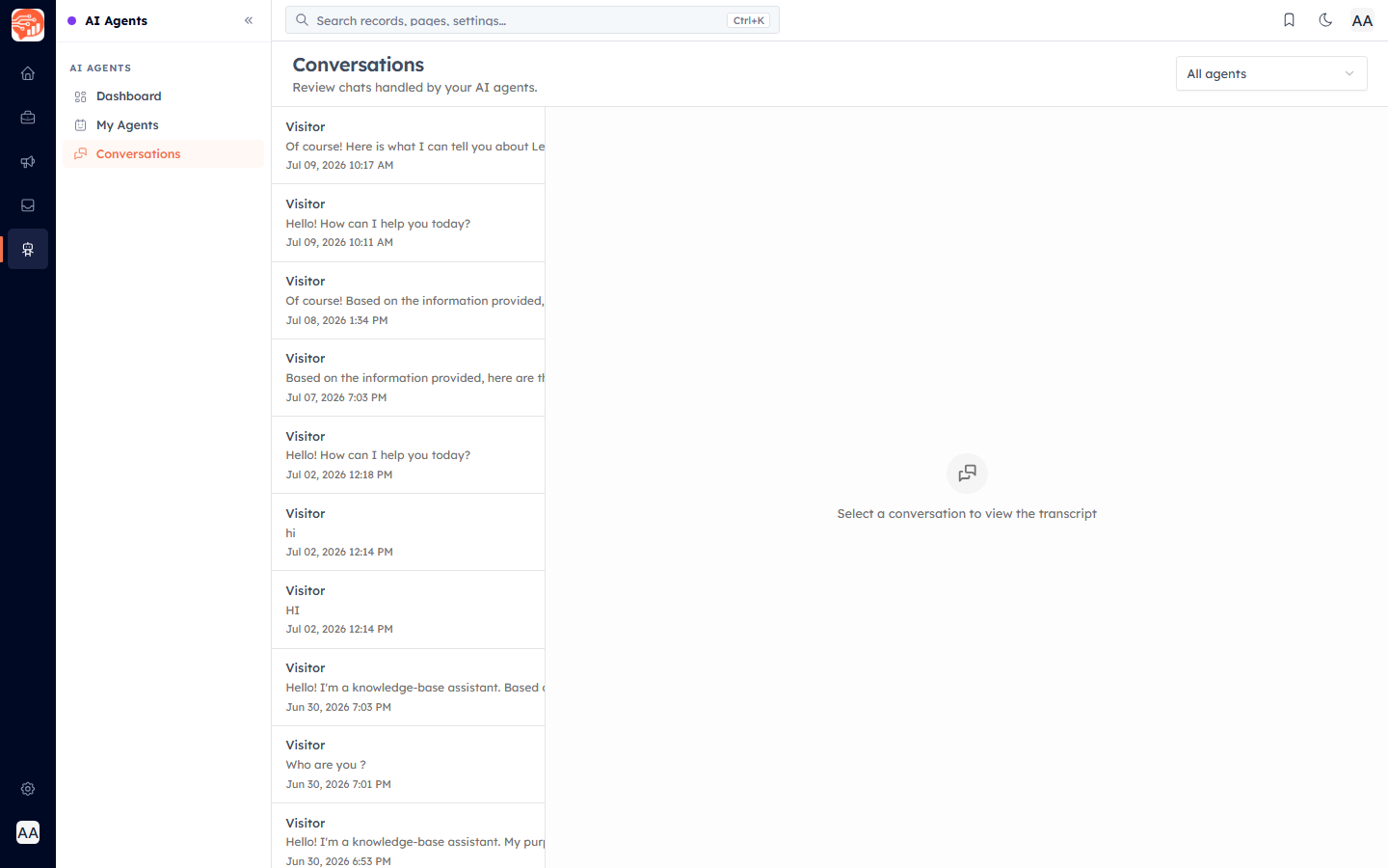 The Conversations screen listing chats handled by AI agents
