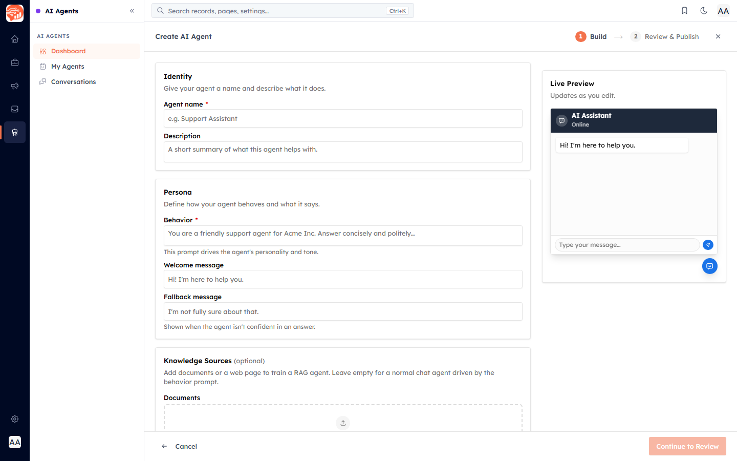 The Create AI Agent wizard — Identity, Persona and Knowledge Sources with a live preview