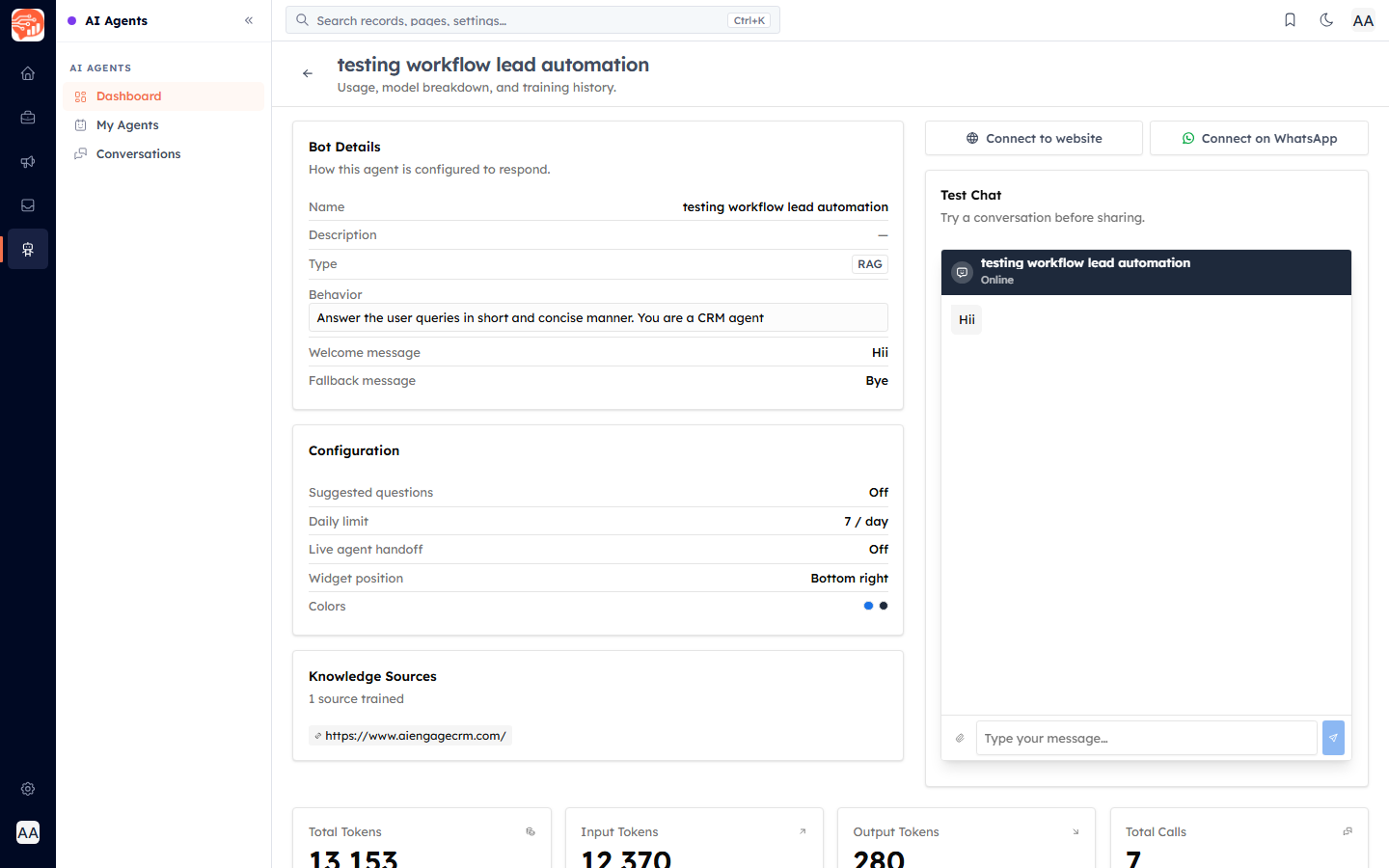 The agent Configuration section: suggested questions, daily limit, widget position and colours