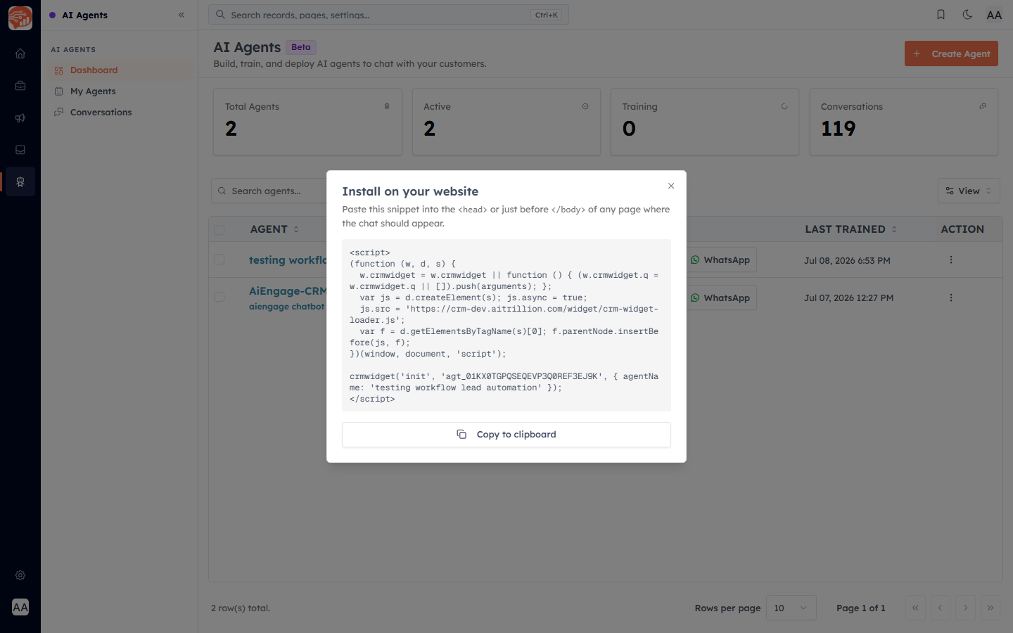 The Install on your website dialog with the embed snippet