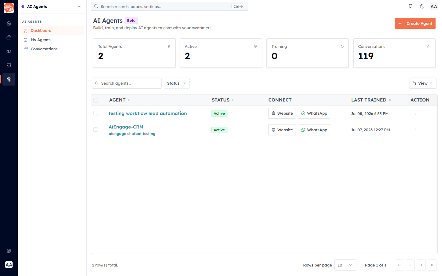 The AI Agents dashboard with agents, status and connect options