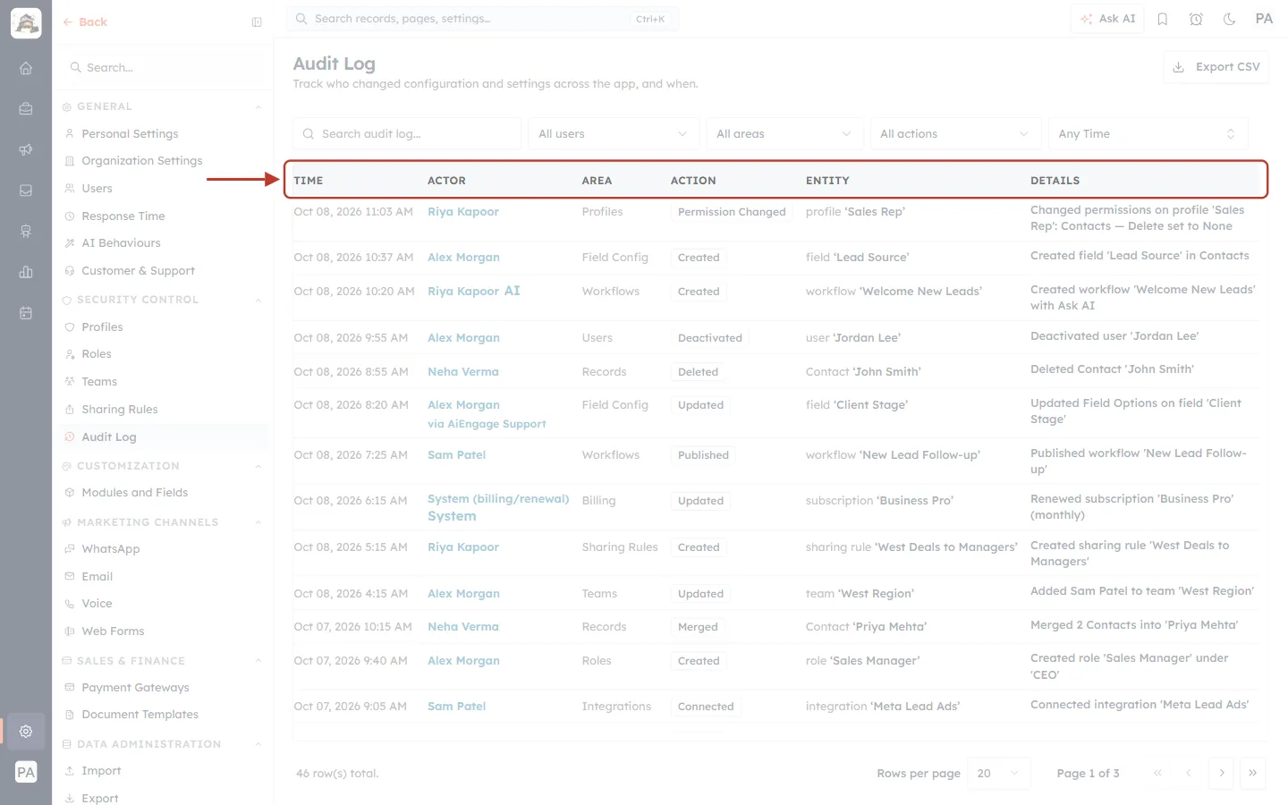 The column headings of the Audit Log list