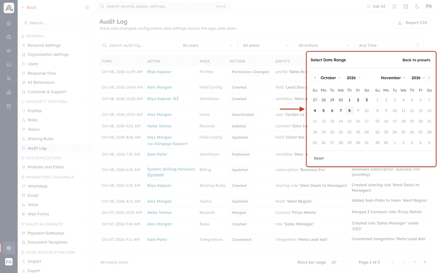 The custom date range calendar