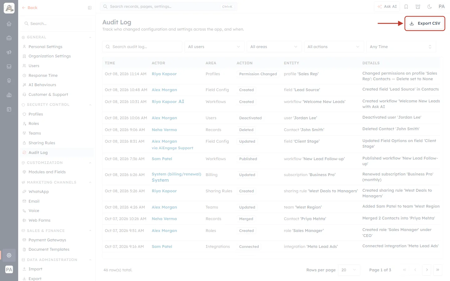 The Export CSV button