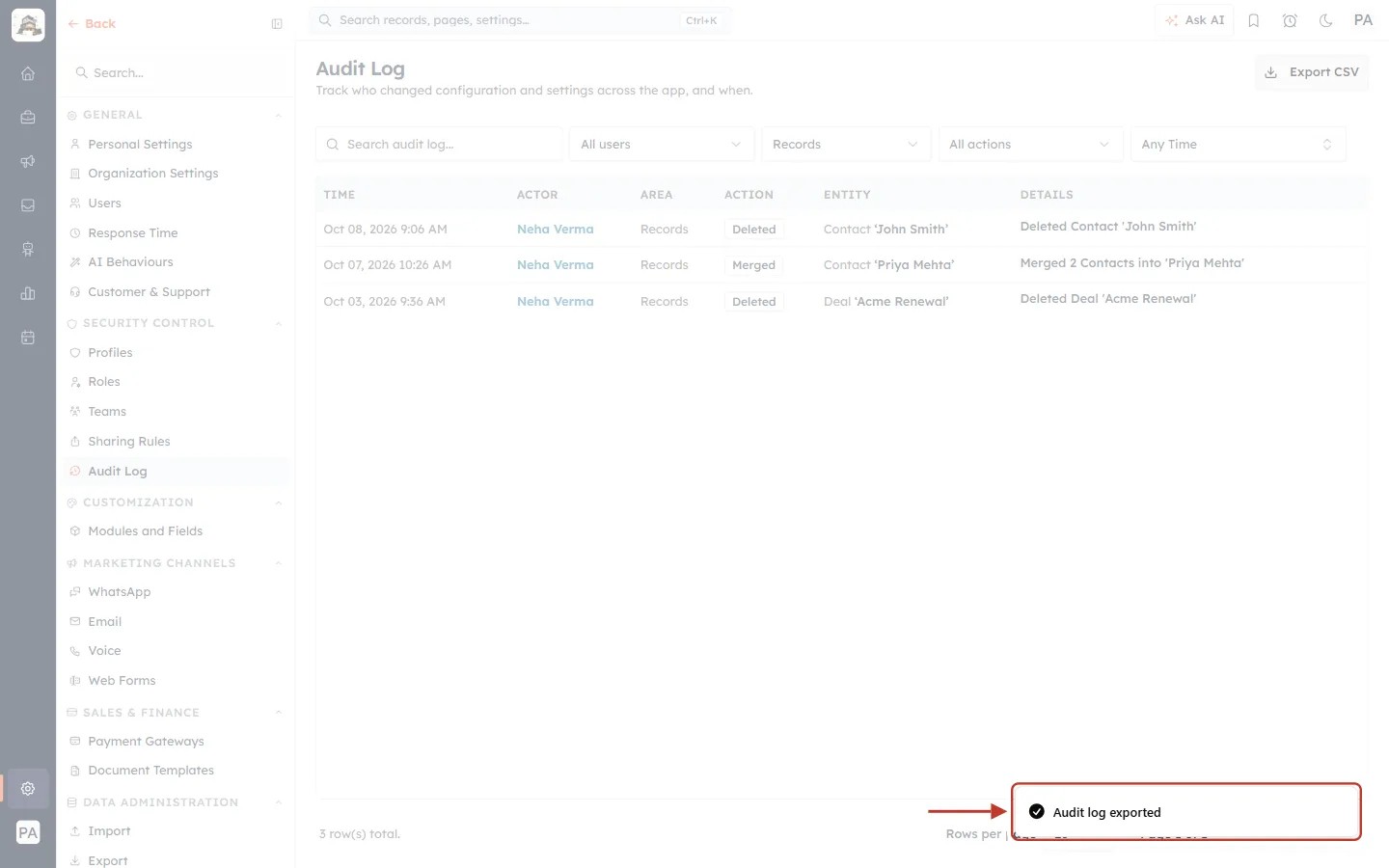 The Audit log exported message