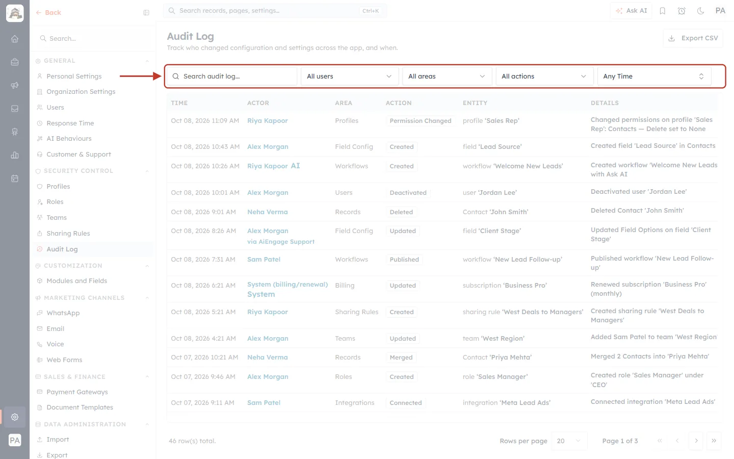 The Audit Log filter bar