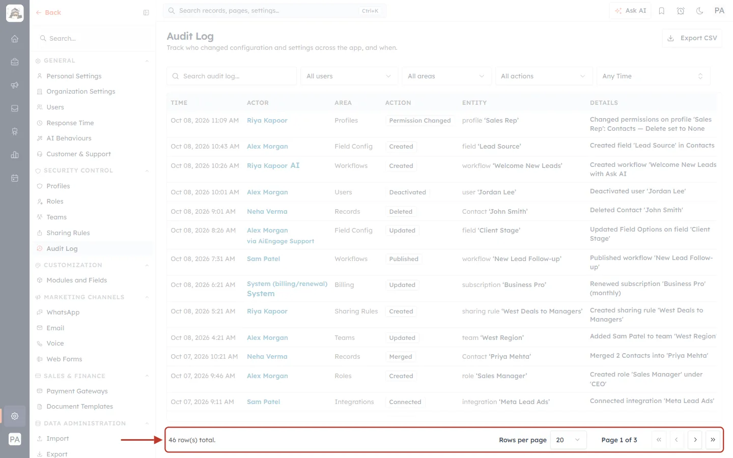 The footer with row total and page buttons