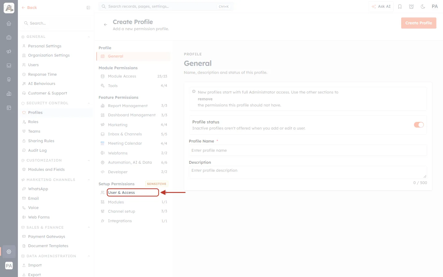User & Access under Setup Permissions in a profile