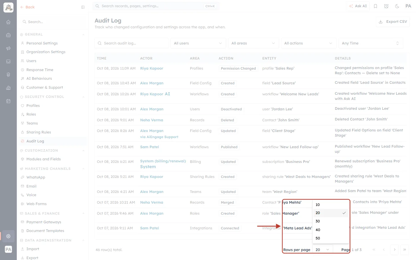 Choosing rows per page