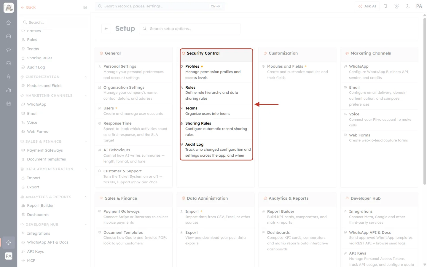 The Security Control card on the Setup page