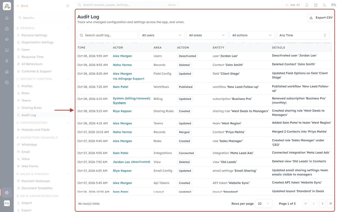 The Audit Log page with its filters and list of entries