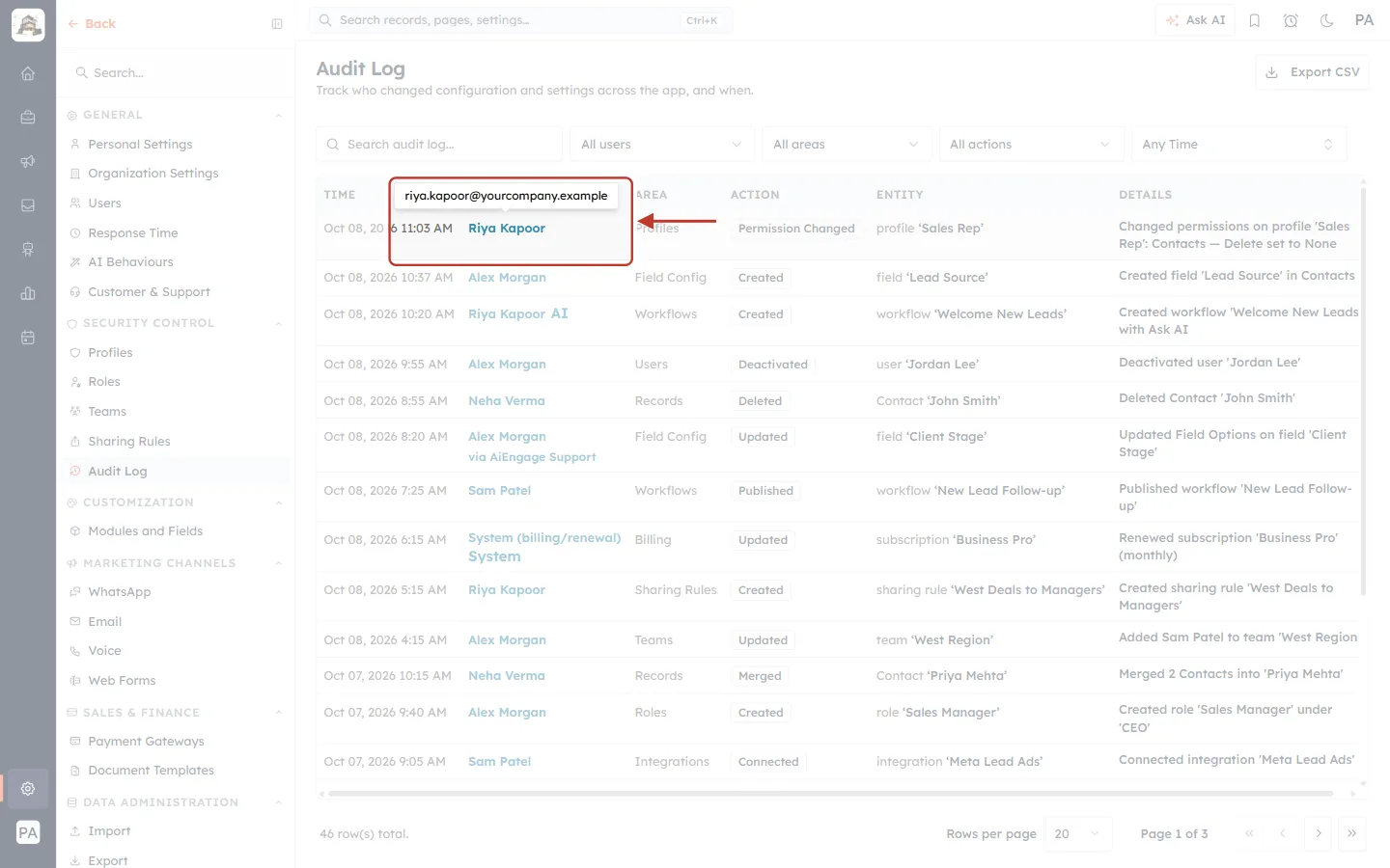 The actor’s email shown when hovering over the name