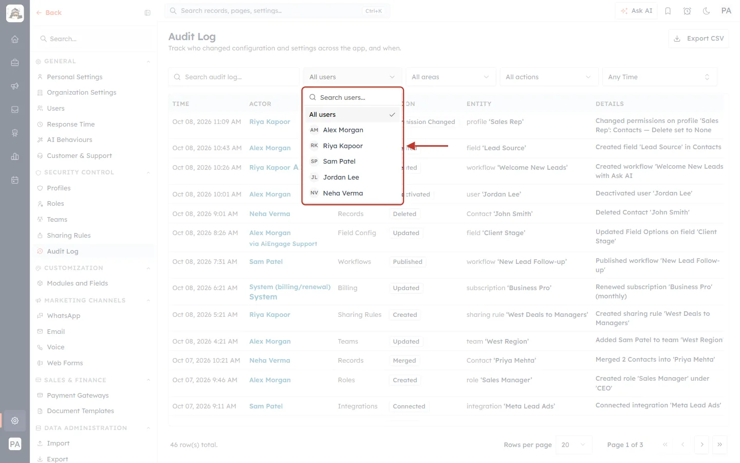 The user list in the All users filter
