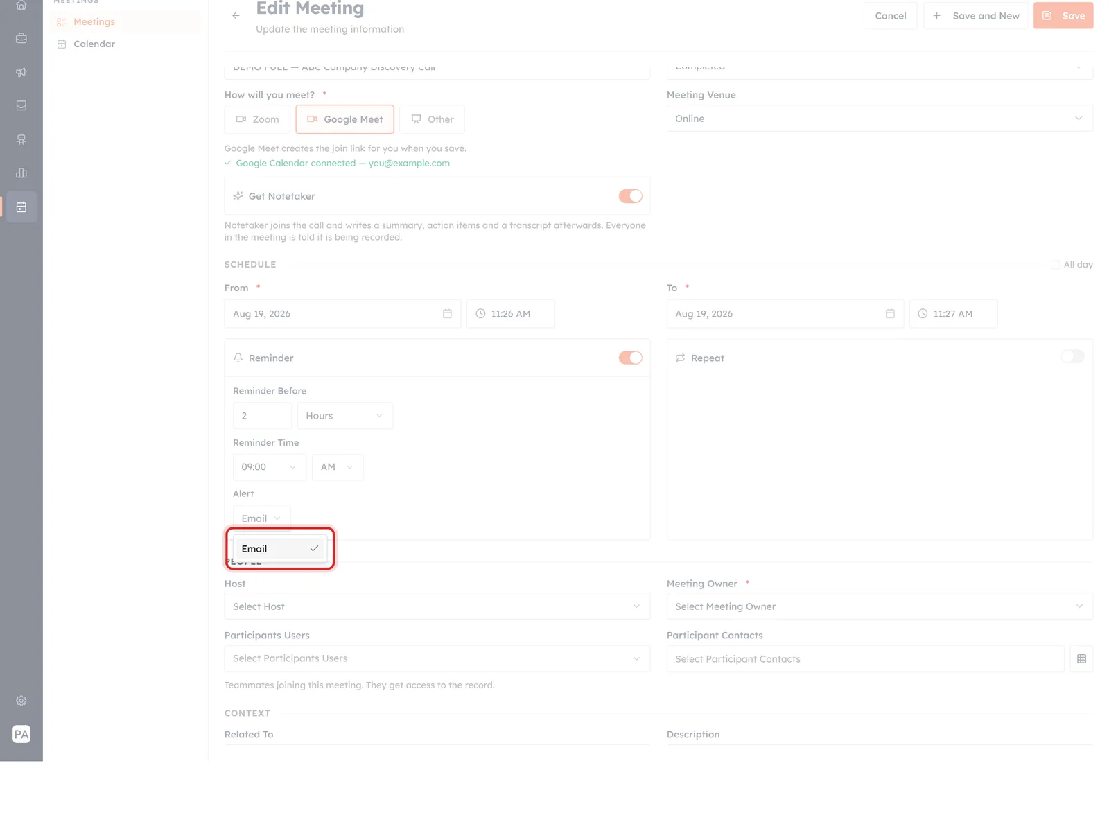 The Alert dropdown open, showing Email as its only option