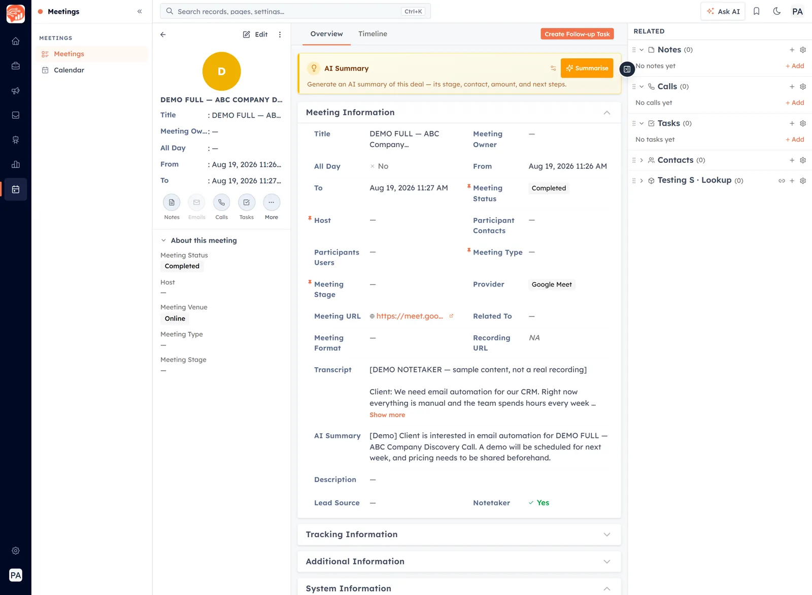 A meeting record open, showing the summary rail, the Overview tab and the Related panel