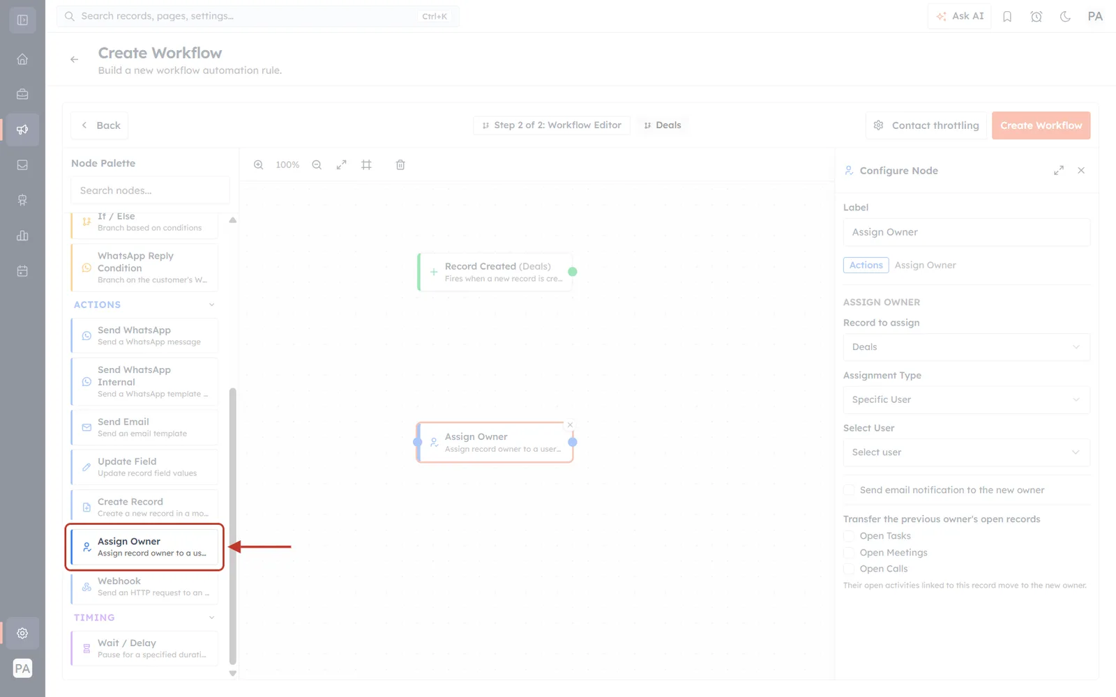 The workflow builder with the Assign Owner entry in the Node Palette ringed in red and an arrow pointing at it; the rest of the screen faded back.
