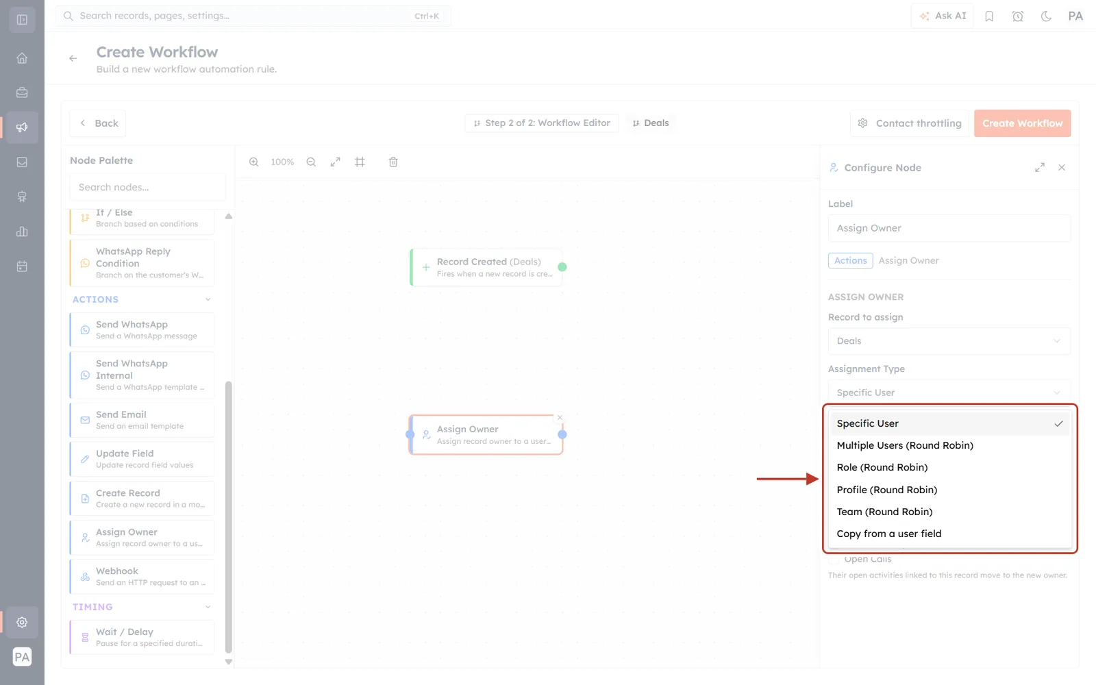 The Assignment Type dropdown open, showing all six options: Specific User, Multiple Users, Role, Profile and Team round robin, and Copy from a user field. The list is ringed in red with an arrow pointing at it.
