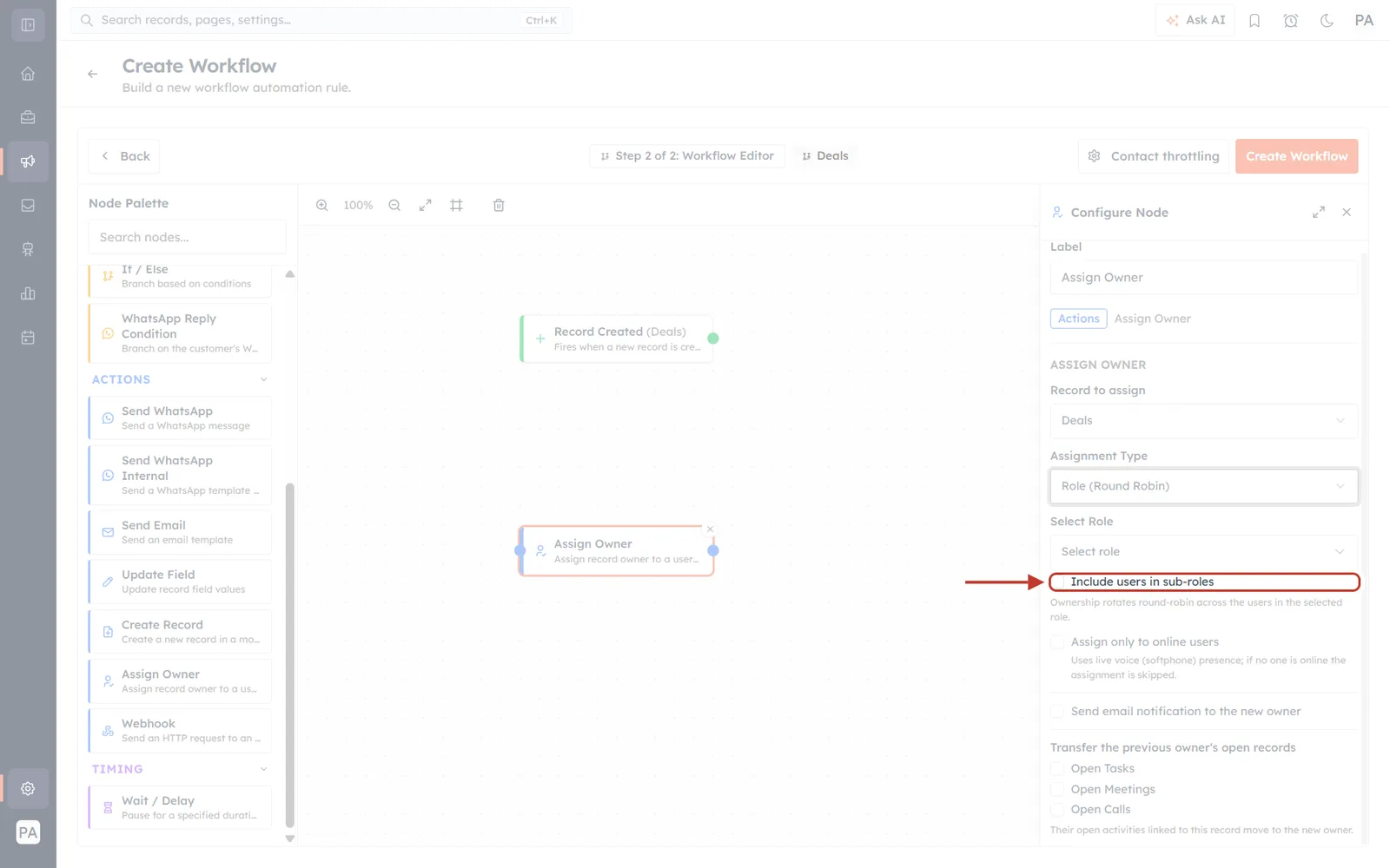 The Assign Owner panel with Role (Round Robin) selected. The new Include users in sub-roles checkbox is ringed in red with an arrow pointing at it; the rest of the screen faded back.