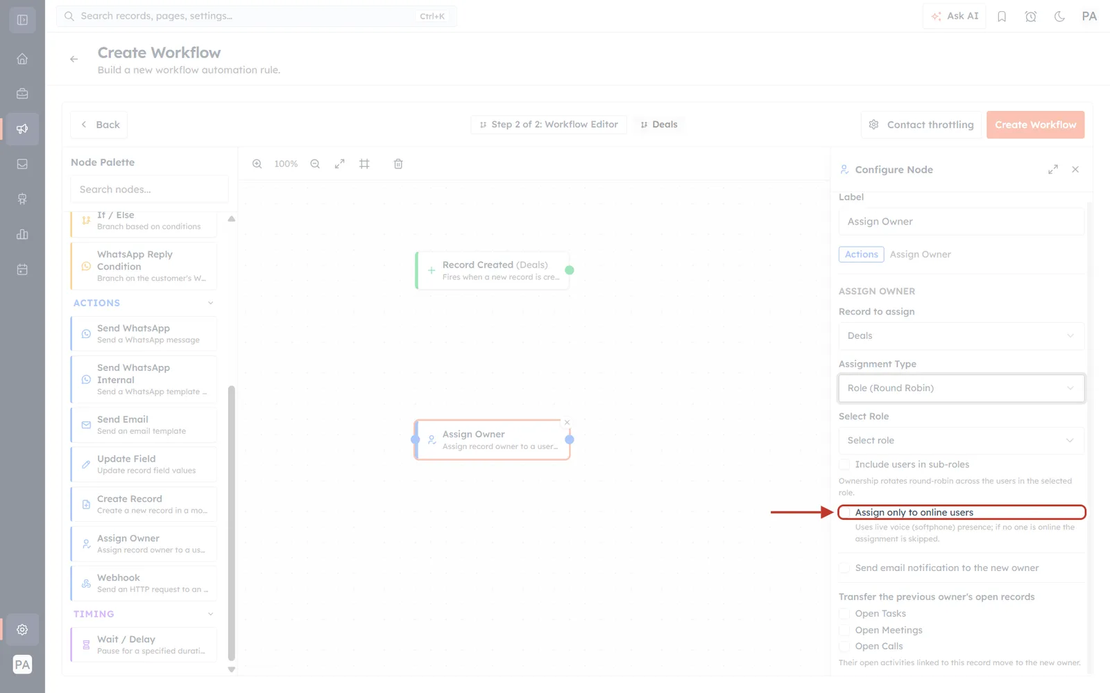 The Assign Owner panel with Role (Round Robin) selected. The Assign only to online users checkbox is ringed in red with an arrow pointing at it; the rest of the screen faded back.