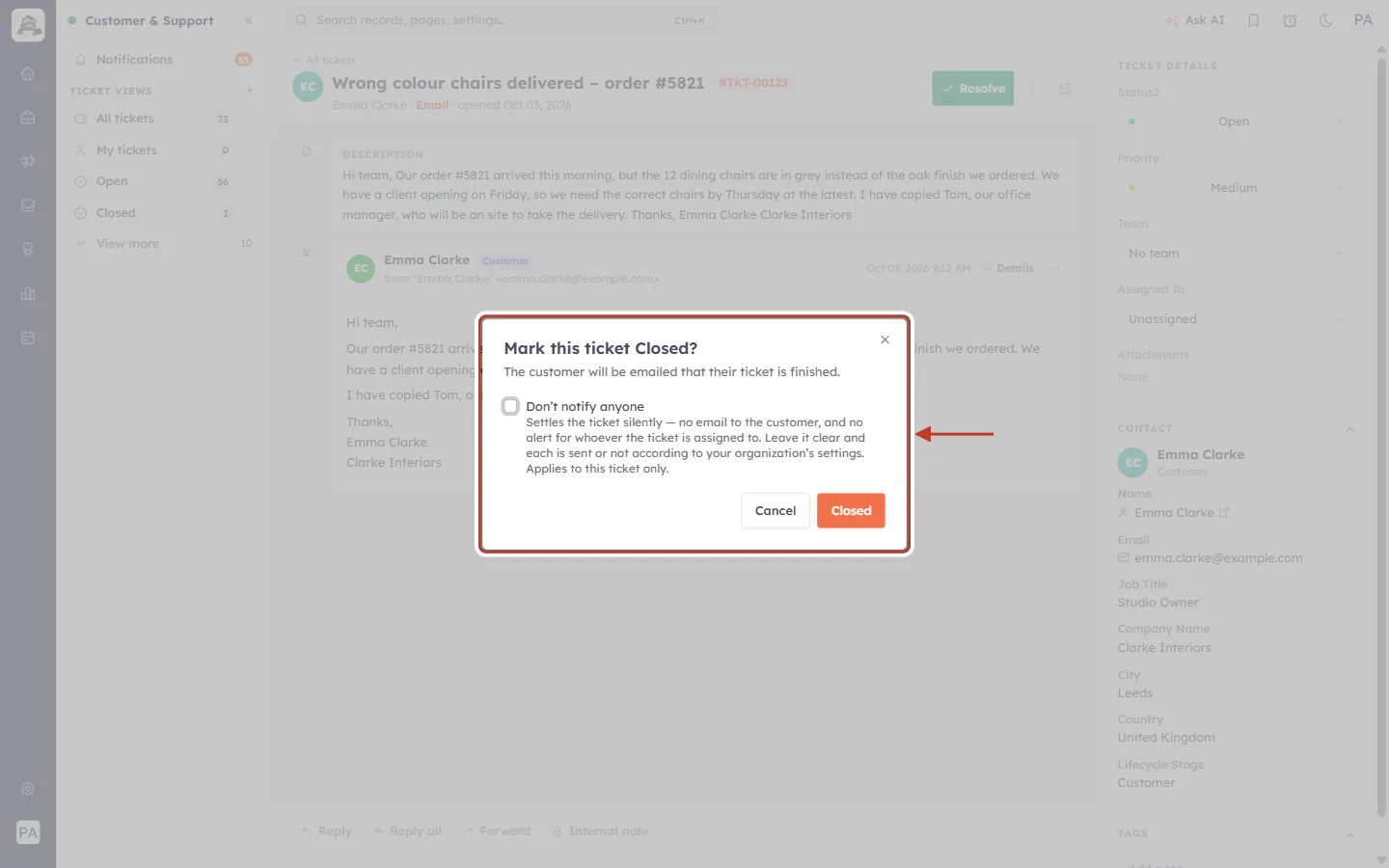 Mark this ticket Closed? dialog