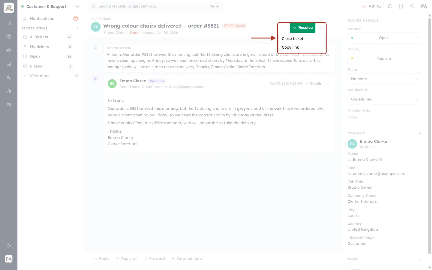 The More actions menu with Close ticket and Copy link
