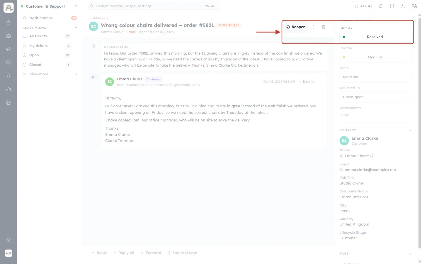 A resolved ticket with the Reopen button